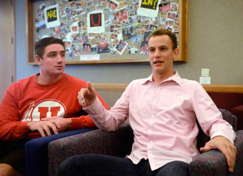 Al Hartmann  |  The Salt Lake Tribune
Sophomore Brady Nelson, left,  just returned from a mission in New York City.  He is taking international studies and finance. Collin Hopkins served a mission in Paraguay and returned to school two years ago.  Recently returned LDS missionaries at the University of Utah think that their life experiences in the mission field have helped their academic performance compared to their younger classmates.