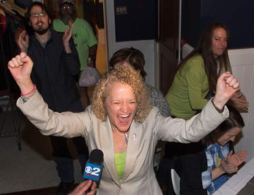 Steve Griffin  |  The Salt Lake Tribune

Jackie Biskupski's raises her arms and screams with excitement as she sees election results for the first time at her election night gathering at Kimi's Chop House in Salt Lake City, Tuesday, November 3, 2015.