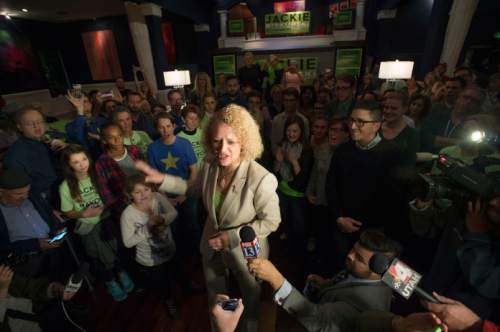 Steve Griffin  |  The Salt Lake Tribune

Jackie Biskupski's talks to her supporters after late lection results came in during her election night gathering at Kimi's Chop House in Salt Lake City, Tuesday, November 3, 2015.
