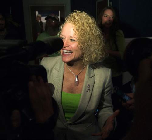 Steve Griffin  |  The Salt Lake Tribune

Jackie Biskupski's smiles as she talks with reporters after seeing election results for the first time at her election night gathering at Kimi's Chop House in Salt Lake City, Tuesday, November 3, 2015.