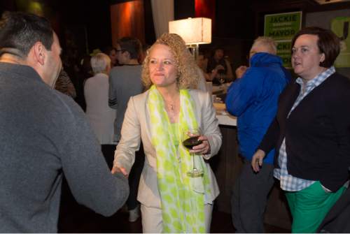 Steve Griffin  |  The Salt Lake Tribune

Salt Lake City mayoral candidate Jackie Biskupski's shakes hands with supporters during election night gathering at Kimi's Chop House in Salt Lake City, Tuesday, November 3, 2015.
