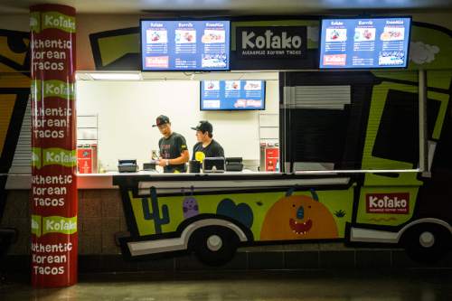 Chris Detrick  |  The Salt Lake Tribune
Kotako, a Korean tacos, during the game at EnergySolutions Arena Thursday October 22, 2015.