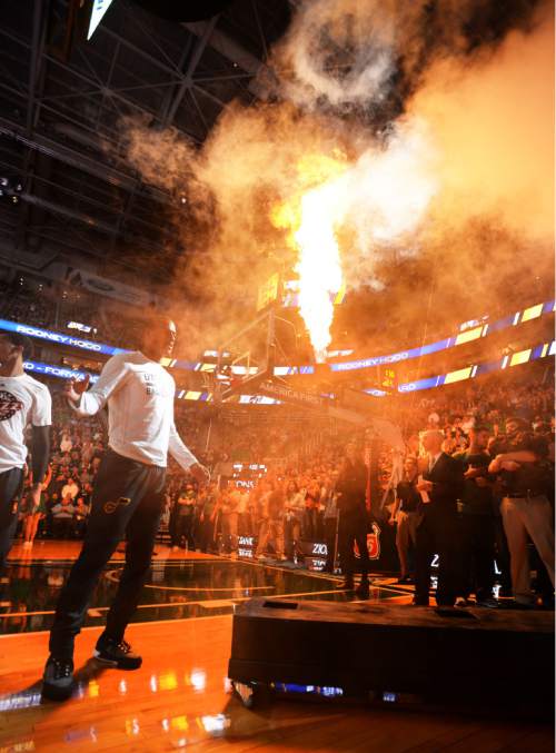Steve Griffin  |  The Salt Lake Tribune

Utah Jazz guard Alec Burks (10) is surrounded with smoke during introductions during the home opener for the Utah Jazz as they play the Portland Trailblazers NBA basketball game at Vivint Smart Home Arena in Salt Lake City, Wednesday, November 4, 2015.