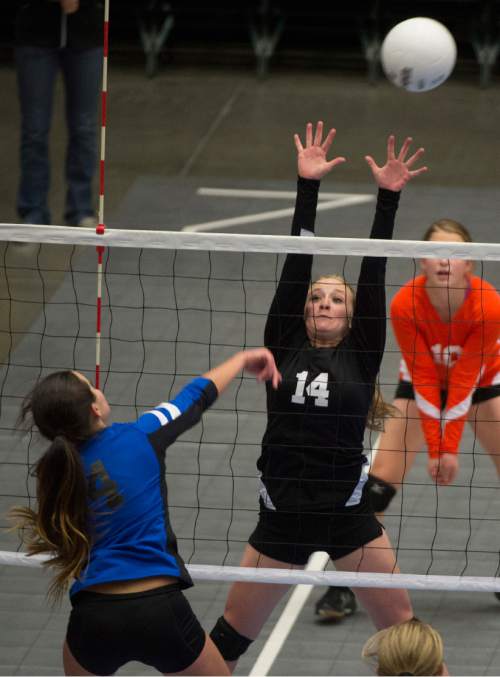 Rick Egan  |  The Salt Lake Tribune

Panguitch Bobcats Whittni Orton (4) hits the ball, as Monticello Buckaroos Allie Maughan (14) defends in prep 1A championship volleyball action Panguitch vs. Monticello, at Utah Valley University, Saturday, October 31, 2015.