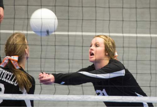 Rick Egan  |  The Salt Lake Tribune

Monticello Buckaroos  LaShay Lewis (21) hits the ball, in prep 1A championship volleyball action Panguitch vs. Monticello, at Utah Valley University, Saturday, October 31, 2015.