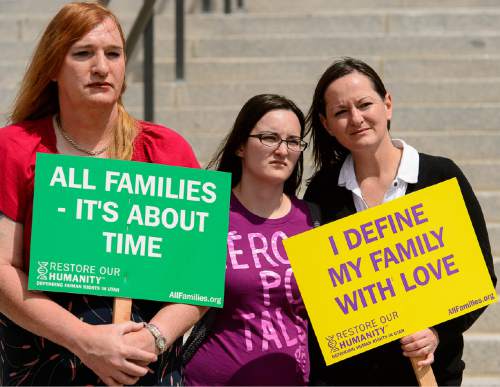 Trent Nelson  |  The Salt Lake Tribune
Sophia Hawes-Tingey, Meghan Abbott, and Jolene Mewling at a press conference by the All Families Coalition, held in response to an earlier press conference by the World Congress of Families, at the State Capitol Building in Salt Lake City, Tuesday May 12, 2015.