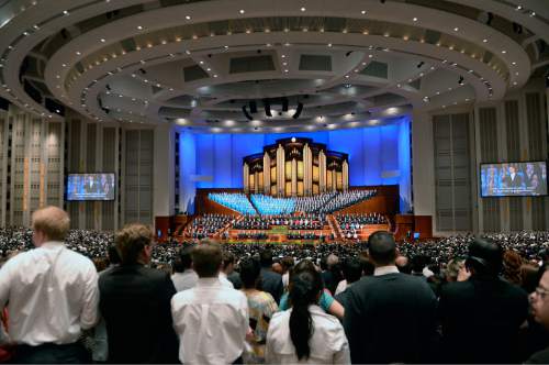 Al Hartmann  |  Tribune file photo
Thousands of LDS faithful gather for the second day of the 185th LDS General Conference on Easter Sunday 2015 to sing along with the Mormon Tabernacle Choir.
