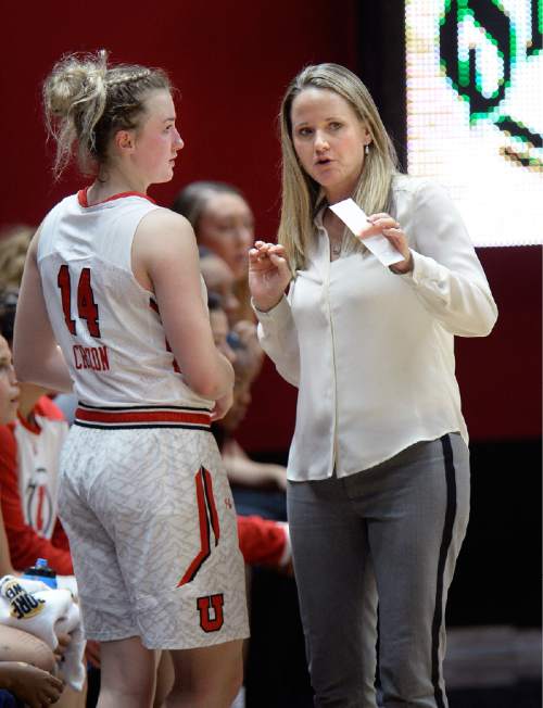 Scott Sommerdorf   |  The Salt Lake Tribune
Utah women's basketball head coach Lynne Roberts gives instructions to W Paige Crozon as she came into the game during first half play. Utah led Fort Lewis 46-32 at the half, Friday, November 6, 2015.