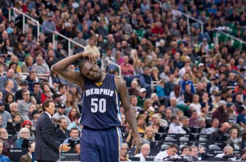 Lennie Mahler  |  The Salt Lake Tribune

Memphis forward Zach Randolph reacts after being called for a foul in the first half of a game against the Utah Jazz at Vivint Smart Home Arena on Saturday, Nov. 7, 2015.