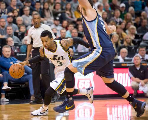 Lennie Mahler  |  The Salt Lake Tribune

Utah guard Trey Bruke drives past Memphis center Marc Gasol in the first half of a game against the Memphis Grizzlies at Vivint Smart Home Arena on Saturday, Nov. 7, 2015.