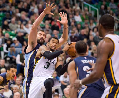 Lennie Mahler  |  The Salt Lake Tribune

Utah guard Trey Bruke drives past Memphis center Marc Gasol in the first half of a game against the Memphis Grizzlies at Vivint Smart Home Arena on Saturday, Nov. 7, 2015.