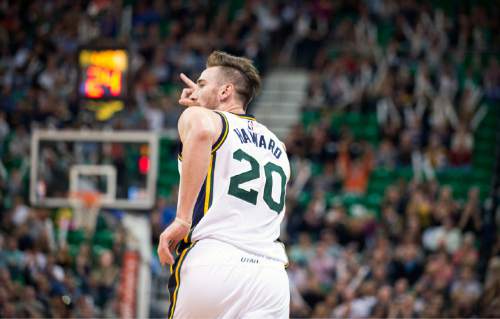 Lennie Mahler  |  The Salt Lake Tribune

Utah guard Gordon Hayward points to teammates after sinking a three-point shot in the first half of a game against the Memphis Grizzlies at Vivint Smart Home Arena on Saturday, Nov. 7, 2015.