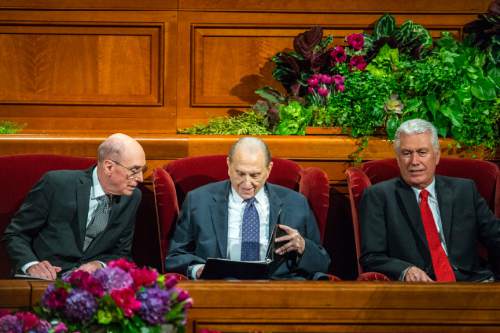 Chris Detrick  |  The Salt Lake Tribune
President Henry B. Eyring, first counselor in the First Presidency, LDS Church President Thomas S. Monson and President Dieter F. Uchtdorf, second counselor in the governing LDS First Presidency,  during afternoon session of the 185th LDS General Conference at  the Conference Center in Salt Lake City Saturday October 3, 2015.
