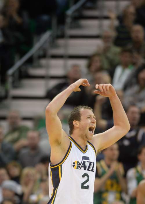 Steve Griffin  |  The Salt Lake Tribune

Utah Jazz forward Joe Ingles (2) screams as he tries to get the crowd going as the Jazz mount a comeback during the Utah Jazz versus Portland Trailblazers NBA basketball game at Vivint Smart Home Arena in Salt Lake City, Wednesday, November 4, 2015.