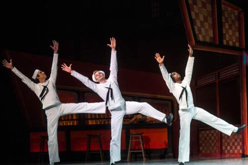 Chris Detrick  |  The Salt Lake Tribune
Chase O'Connell, Joshua Whitehead and Adrian Fry perform 'Fancy Free' during a dress rehearsal for Ballet West's "Iconic Classics," at the Capitol Theatre Thursday November 5, 2015.  Iconic Classics, Ballet West's Season Opener, will feature some of the most important ballets from quintessential choreographers of the 20th Century. A dazzling triple bill, Iconic Classics takes the stage November 6 – 14 for just seven performances at the Janet Quinney Lawson Capitol Theatre.