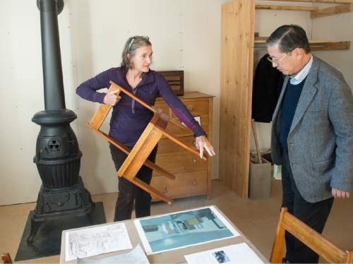 Rick Egan  |  The Salt Lake Tribune

Jane Beckwith president of the Topaz museum board, shows Ken Shimanouchi, former Japanese ambassador to Brazil and Spain, some original furniture made in the Topaz internment camp, at the Topaz Museum in Delta, Wednesday, November 11, 2015.