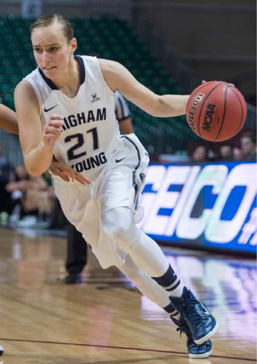 Rick Egan  |  The Salt Lake Tribune

Brigham Young Cougars guard Lexi Eaton (21) takes the ball inside, in West Coast Conference Women's Basketball Championship game, BYU vs. San Francisco, at the Orleans Arena, in Las Vegas, Tuesday, March 10, 2015