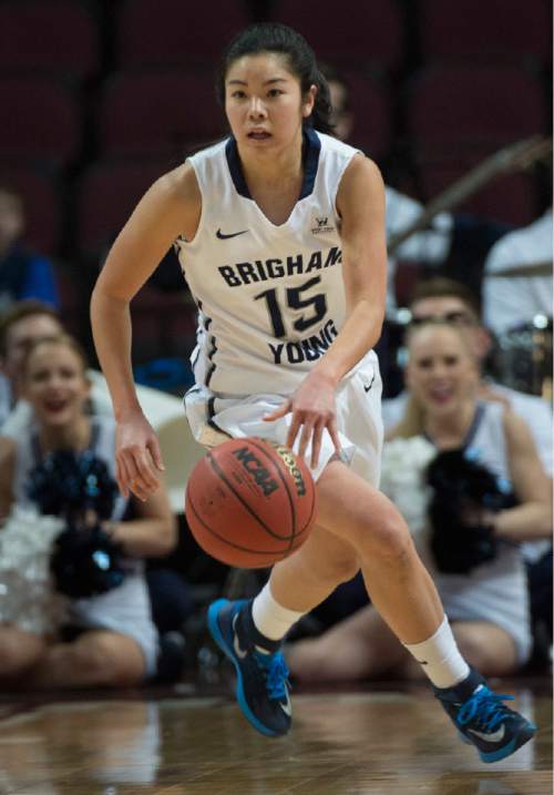 Rick Egan  |  The Salt Lake Tribune

Brigham Young Cougars guard Kylie Maeda (15) in West Coast Conference Women's Basketball Championship game, BYU vs. San Francisco, at the Orleans Arena, in Las Vegas, Tuesday, March 10, 2015