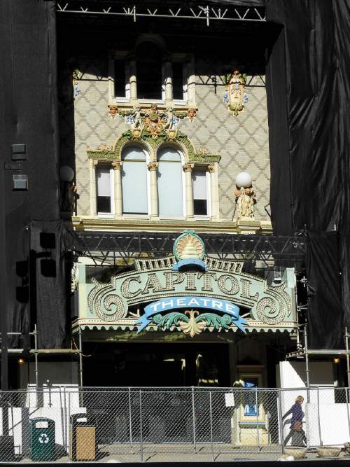 Trent Nelson  |  The Salt Lake Tribune
The terra cotta face of the refurbished Capitol Theatre in Salt Lake City is getting some fairly expensive fix-ups, Thursday November 12, 2015.
