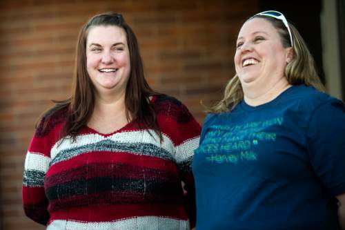 Chris Detrick  |  The Salt Lake Tribune
April Hoagland and Beckie Peirce smile during a press conference outside of the Juvenile Court in Price, Utah Friday November 13, 2015. Seventh District Juvenile Judge Scott Johansen has amended an order to remove a 9-month-old girl from the Price home of her same-sex foster parents and has instead scheduled a hearing on the matter.