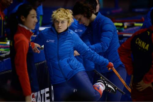 Scott Sommerdorf   |  The Salt Lake Tribune
Speed skater Louise Milesi of the French National speed skating team prepares her skates prior to team introductions at the Apolo Ohno Invitational at the Utah Olympic Oval,  Friday, November 13, 2015.