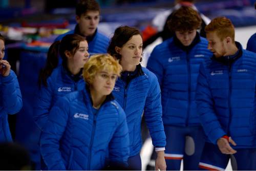 Scott Sommerdorf   |  The Salt Lake Tribune
Members of the French National speed skating team skate out onto the ice  prior to competing in the Apolo Ohno Invitational at the Utah Olympic Oval,  Friday, November 13, 2015.