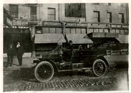 Tribune file photo

Salt Lake City's first motorized taxi is seen downtown in 1909.