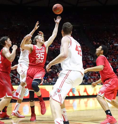 Lennie Mahler  |  The Salt Lake Tribune

Southern Utah's Race Parsons reaches for a loose ball in a game against Utah at the Huntsman Center in Salt Lake City, Friday, Nov. 13, 2015.