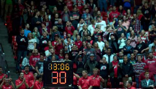 Lennie Mahler  |  The Salt Lake Tribune

The college shot clock begins at 30, down from 35, in a basketball game between the Utah Utes and Southern Utah Thunderbirds at the Huntsman Center in Salt Lake City, Friday, Nov. 13, 2015.