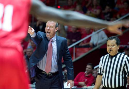 Lennie Mahler  |  The Salt Lake Tribune

Utah head coach Larry Krystkowiak directs players from the bench in a game against the Southern Utah Thunderbirds at the Huntsman Center in Salt Lake City, Friday, Nov. 13, 2015.