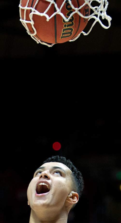 Lennie Mahler  |  The Salt Lake Tribune

Utah's Kyle Kuzma celebrates an and-one late in the second half in a close game with Southern Utah at the Huntsman Center in Salt Lake City, Friday, Nov. 13, 2015.