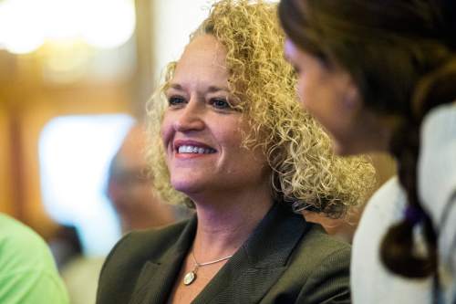 Chris Detrick  |  The Salt Lake Tribune
Jackie Biskupski smiles after being announced the winner  during a election canvass event at City Hall Tuesday November 17, 2015. Jackie Biskupski is the mayor-elect of Salt Lake City.