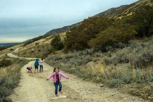 Chris Detrick  |  The Salt Lake Tribune
Sophie Mason, 5, plays along along Firebreak Road on Twin Hollow Mountain Wednesday October 28, 2015. In the background is Brandon Mason, 14, Lexie Mason, 8 and Kate Mason, 12. A pair of Utah developers are seeking a public land swap in the Bountiful foothills that they say will accommodate public access and conservation in two key spots. 
Some nearby residents, however, fear the plan would invite high-density residential growth in the wrong place.