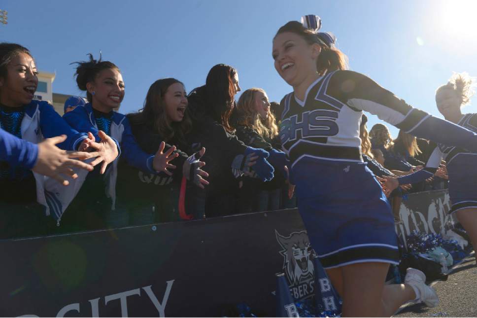 Leah Hogsten  |  The Salt Lake Tribune
Beaver celebrates the win. Beaver High School football team defeated South Summit High School 33-0 during their Class 2A State Championship game at Wildcat Stadium in Ogden, Saturday, November 14, 2015.