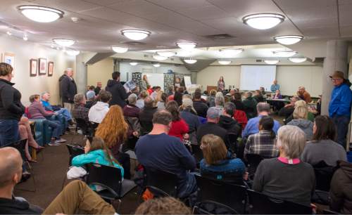 Rick Egan  |  The Salt Lake Tribune

Concerned citizens packed the Sugar House Community Council meeting at the Sprague Library, to hear from representatives from Boulder Ventures, who talked about their 492-unit apartment complex they plan to build in in Sugar House, Monday, November 16, 2015.