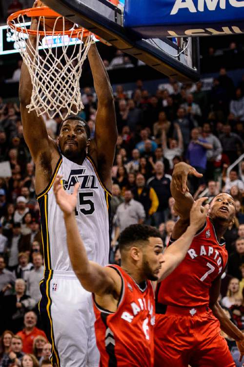 Trent Nelson  |  The Salt Lake Tribune
Utah Jazz forward Derrick Favors (15) gives the Jazz a 4-point lead with less than 24 seconds to go as the Utah Jazz host the Toronto Raptors, NBA basketball at Vivint Smart Home Arena in Salt Lake City, Wednesday November 18, 2015.