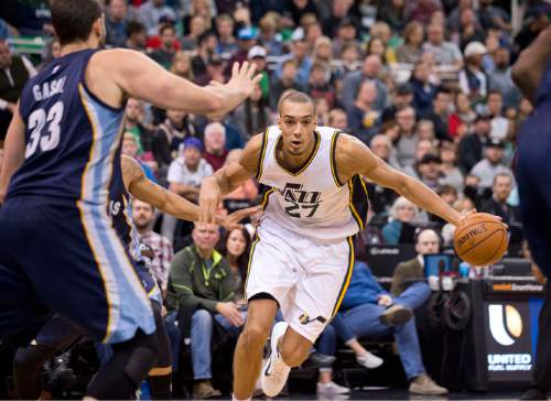 Lennie Mahler  |  The Salt Lake Tribune

Utah center Rudy Gobert looks for an open lane in the first half of a game against the Memphis Grizzlies at Vivint Smart Home Arena on Saturday, Nov. 7, 2015.