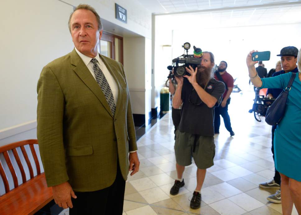 Francisco Kjolseth | The Salt Lake Tribune
Former Utah Attorney General Mark Shurtleff leaves court after appearing inSept. 28, 2015, for a pre-trial hearing. Lawyers representing Shurtlef have asked the judge to dismiss three felony counts.