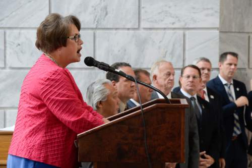 Francisco Kjolseth | The Salt Lake Tribune
Senator Margaret dayton is joined by other state representatives as she speaks during the "Women Betrayed" rally on Wednesday, Aug. 19, in support to Gov. Gary Herbert's decision to remove the state from federal funding of Planned Parenthood. Sen. Dayton plans to introduce legislation during the next session to permanently defund Planned Parenthood.