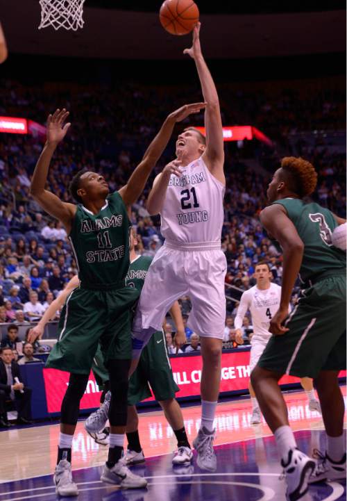 Leah Hogsten  |  The Salt Lake Tribune
Brigham Young Cougars forward Kyle Davis (21) had 10 rebounds and 10 points. Brigham Young University defeated Adams State Grizzlies, 97-56, November 20, 2015 at Marriott Center, Provo.