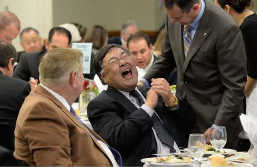 Francisco Kjolseth  |  Tribune File Photo
Greg Hughes, right, newly elected speaker of the House, gets a laugh out of Salt Lake County Councilman Randy Horiuchi who is retiring and was being honored during a luncheon on Wednesday, Dec. 17, 2014.