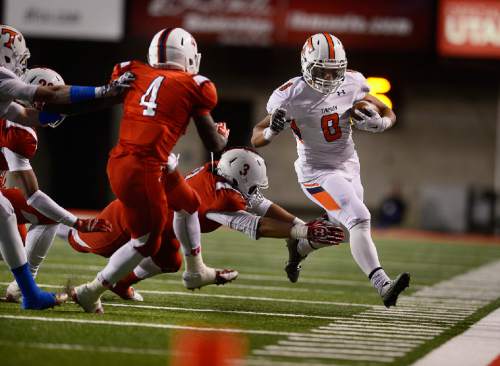 Scott Sommerdorf   |  The Salt Lake Tribune
Timpview's Saia Folaumahina (8) runs out of bounds after a gain during first half play. East led Timpview 21-14 at the half in the 4A championship game, Friday, November 20, 2015.