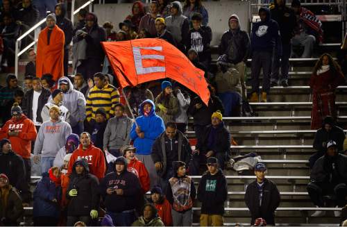 Scott Sommerdorf   |  The Salt Lake Tribune
A smallish group of East fans watched bundled up against the cold. East led Timpview 21-14 at the half in the 4A championship game, Friday, November 20, 2015.