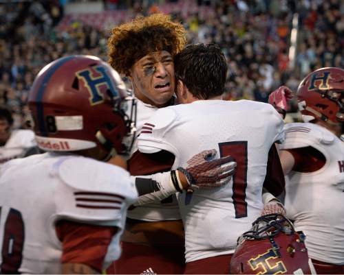Scott Sommerdorf   |  The Salt Lake Tribune
Herriman's David Fotu is nearly in tears as the seconds count down to end the game. Herriman won the Utah 5A championship 17-14 over Lone Peak, Friday, November 20, 2015.