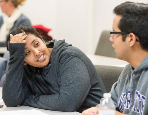 Rick Egan  |  The Salt Lake Tribune

Natalie Barcelo, and Jesus Garcia, Stephanie McClure discuss one of the topics during a workshop on healthy relationships, sponsored by Weber State University, Davis Student Services at the WSU Davis Building in Layton, Thursday, November 12, 2015.