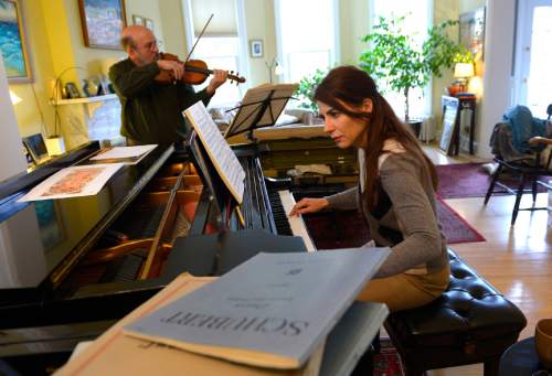 Leah Hogsten  |  The Salt Lake Tribune
Violinist Gerald Elias and pianist Vedrana Subotic rehearse sonatas by Mozart, Schubert, and Beethoven November 18, 2015 for a recital they're giving to benefit Citizens Climate Lobby November 24th at Libby Gardner Concert Hall on the campus of University of Utah.