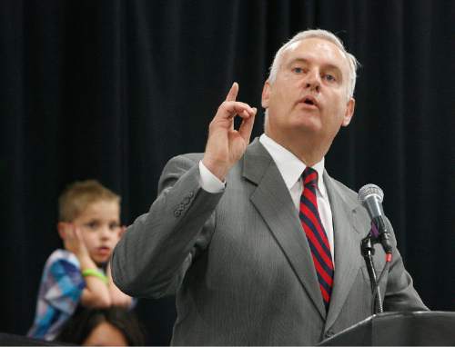 Scott Sommerdorf  |  The Salt Lake Tribune             
Richard Snelgrove, candidate for Salt Lake County Mayor, speaks during the GOP Convention, Saturday, April 14, 2012. Salt Lake County Republicans gathered to select candidates for county posts.