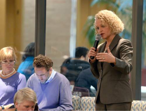 Al Hartmann  |  The Salt Lake Tribune
Salt Lake City Mayor-elect Jackie Biskupski speaks to audience in the Salt Lake County Council chambers about the results of the Salt Lake City Homeless Service Site Evaluation Commission in a joint session of the Salt Lake City and Salt Lake County homeless commissions Monday Nov. 23 in which various plans for homeless facilities were discussed and voted on.