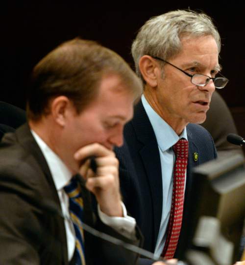 Al Hartmann  |  The Salt Lake Tribune
Salt Lake County Mayor Ben McAdams listens as Salt Lake City Mayor Ralph Becker discusses the results of the Salt Lake City Homeless Service Site Evaluation Commission in a joint session of the Salt Lake City and Salt Lake County homeless commissions Monday Nov. 23 in which various plans for homeless facilities were discussed and voted on.