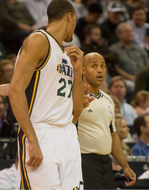 Rick Egan  |  The Salt Lake Tribune

Utah Jazz center Rudy Gobert (27) reacts to the referee, after being called for a technical foul, in NBA action, the Utah Jazz vs. the Oklahoma City Thunder, in Salt Lake City, Monday, November 23, 2015.